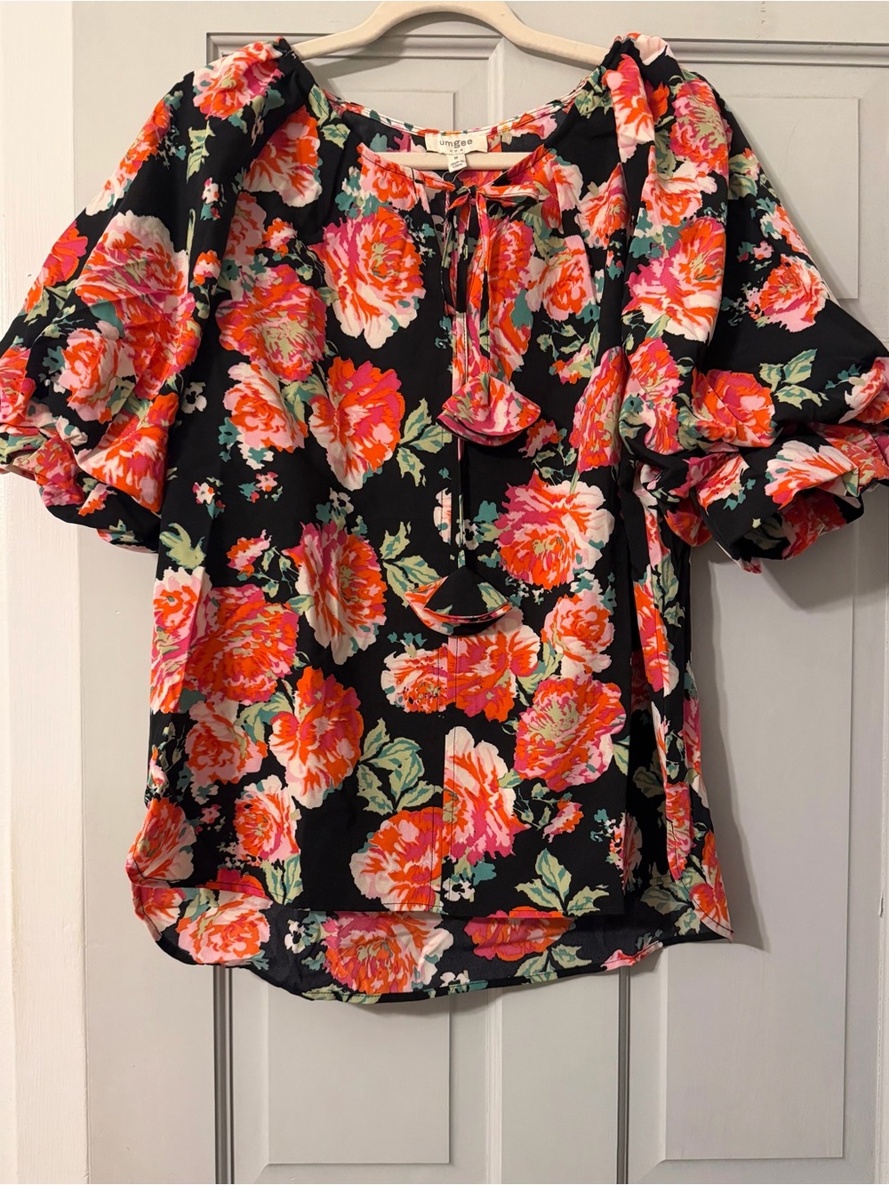 Umgee Black Blouse with Pink & Orange Floral Print